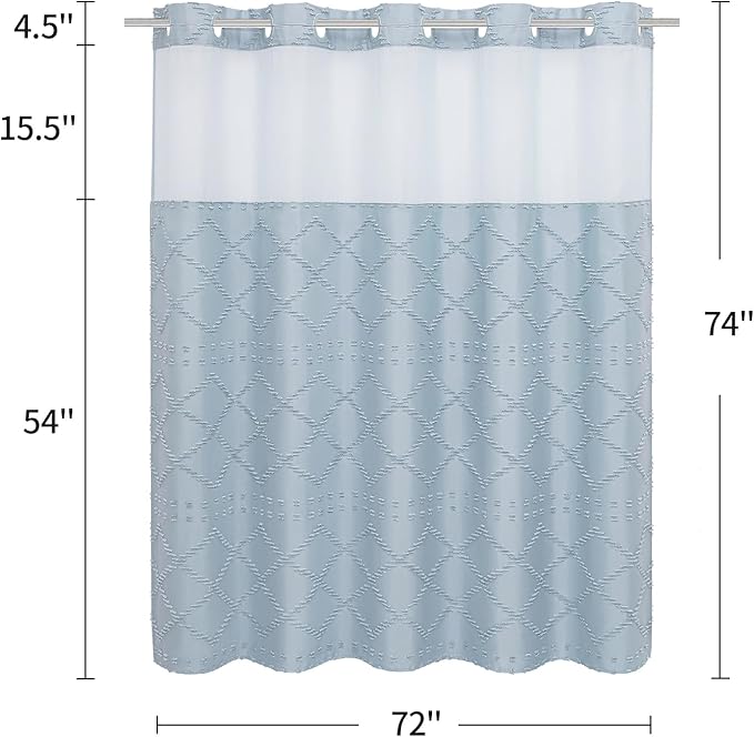 Boho FogBlue Woven Fabric Shower Curtain 72 x 74 Modern Farmhouse, No Hooks Tufted Chevron Striped Shabby Chic Textured, Minimalist Cloth Curtain for Bathroom, Hotel Decor