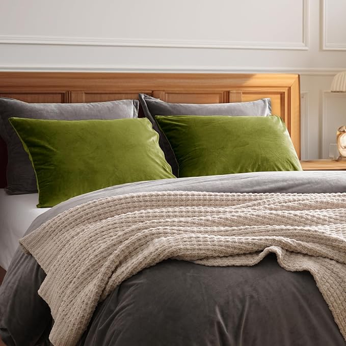 PHF Super Soft Velvet Pillowcases King Size, No Insert, 2 Pack Luxury Cozy Warm Pillow Shams Covers with Envelope Closure, 20" X 36" Cozy Fuzzy Flannel Pillow Case, Olive Green