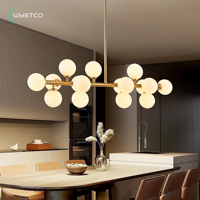 16-Light Globe Sputnik Chandelier, Mid Century Modern Light Fixture Over Table, Brass Gold Linear Chandeliers for Dining Room and Kitchen Island (Milk White Glass Bubble Shades, 40 Inch)