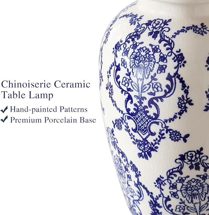 RORIANO Chinoiserie Ceramic Table Lamps Set of 2 for Living Room Bedroom Bedside, Traditional Blue Porcelain Classic Table Lamp for Nightstand Entryway, 2 LED Bulbs Included
