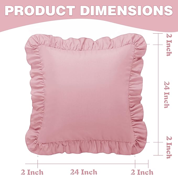 KKJIAF Ruffle Pillow Cases 24x24 Inches, Light Pink Square Ruffled Pillow Covers Set of 2, Microfiber Wrinkle Resistant Pillow Shams with Envelope Closure for Sofa Bed Living Room