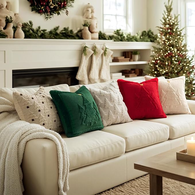MIULEE Christmas Trees Pillow Covers Set of 2 Decorative Soft Throw Pillows Plush Faux Fur Wool Embroidered Couch Cushion for Holiday Winter Home Decor Chair Sofa Bedroom Living Room,Beige 20x20inch
