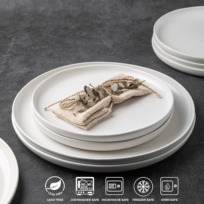 AmorArc Ceramic Dinner Plates Set of 6, Wavy Rim 10.5 Inch Stoneware Dish Set, Large Dinnerware Plates for Kitchen-Microwave&Dishwasher Safe, Scratch Resistant-Reactive Glaze Matte White