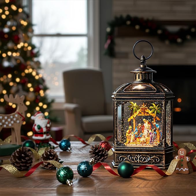 Christmas Snow Globe Swirling Glittering Nativity Scene with Music, USB Lined/Battery Operated Lighted Water Lantern for Christmas Festival Decoration Gifts