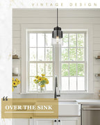 Black Pendant Lights Kitchen Island, Dual Shade Hanging Lights Fixtures with Metal and Clear Glass, Modern Kitchen Pendant Lighting Over Island for Dining Room, AD-24022-1P-BK