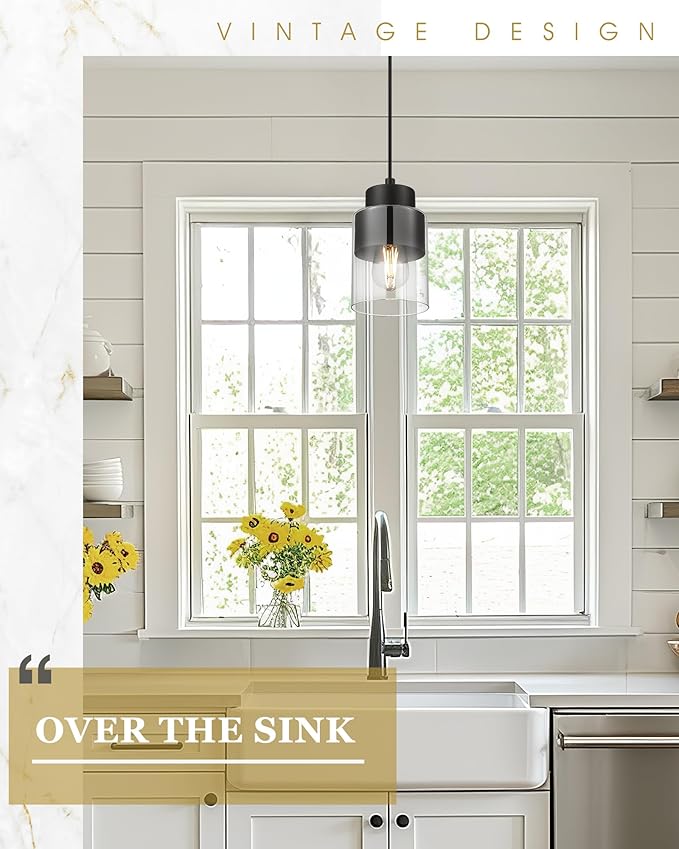 Black Pendant Lights Kitchen Island, Dual Shade Hanging Lights Fixtures with Metal and Clear Glass, Modern Kitchen Pendant Lighting Over Island for Dining Room, AD-24022-1P-BK