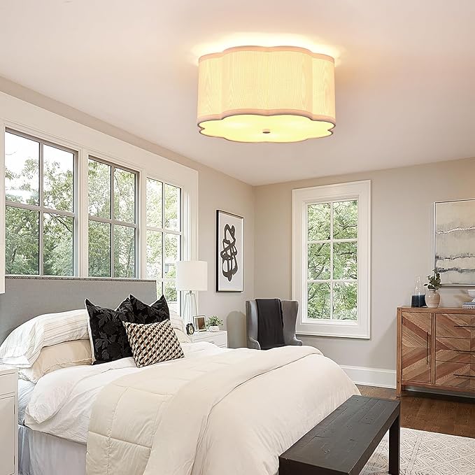 Modern Drum Semi Flush Mount Ceiling Light Fixture Modern 12.99” White 3-Lights Drum Ceiling Lighting Vintage Linen Ceiling Lamp for Kitchen, Basement, Dining Room, Bedroom, Laundry Room
