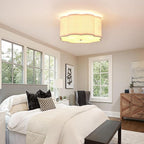 Modern Drum Semi Flush Mount Ceiling Light Fixture Modern 12.99” White 3-Lights Drum Ceiling Lighting Vintage Linen Ceiling Lamp for Kitchen, Basement, Dining Room, Bedroom, Laundry Room