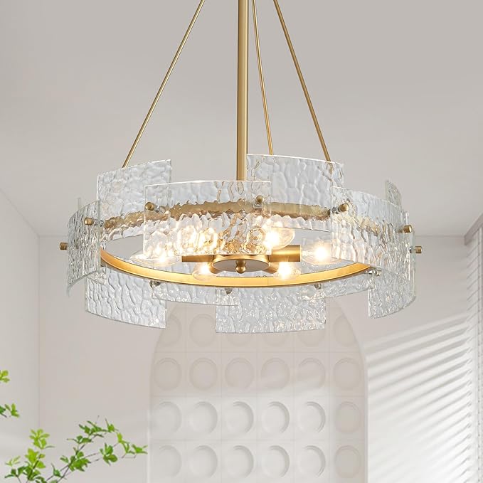XINGQI Gold Chandelier Modern Farmhouse 6-Light 19.7" Water Ripple Glass Drum Chandeliers Height Adjustable Rustic Pendant Lighting Fixture for Dining Room Living Room Kitchen Island Bedroom