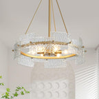 XINGQI Gold Chandelier Modern Farmhouse 6-Light 19.7" Water Ripple Glass Drum Chandeliers Height Adjustable Rustic Pendant Lighting Fixture for Dining Room Living Room Kitchen Island Bedroom