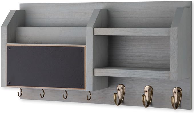 Mail and Key Holder – Wall Mount Key Hanger with Shelf and 7 Metal Hooks – Decorative Natural Paulownia Wood Entryway Organizer with Mounting Hardware (16.5”W x 8.7”H x 3.5”D) (Gray)