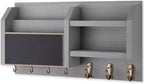 Mail and Key Holder – Wall Mount Key Hanger with Shelf and 7 Metal Hooks – Decorative Natural Paulownia Wood Entryway Organizer with Mounting Hardware (16.5”W x 8.7”H x 3.5”D) (Gray)