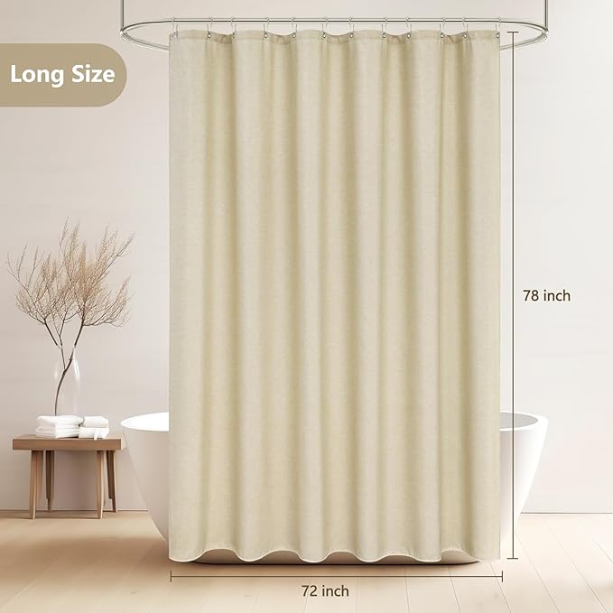 Beige Faux Linen Textured Shower Curtain Extra Long 72 x 78 Inch, Heavy Duty Fabric Shower Curtain Long Water-Resistant, Linen Look Cream Hotel Bathroom Shower Curtains Wrinkle-Free