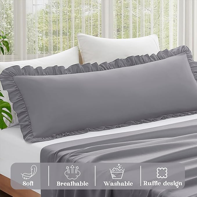 KKJIAF Ruffle Body Pillow Cases Set of 1, Ruffled Pillow Covers with Envelope Closure, Wrinkle Resistant Ruffled Long Pillow Shams 20" x 54", Grey