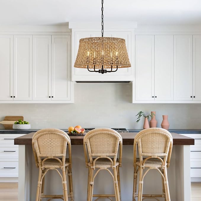 Hand-Woven Rattan Chandelier Vintage Farmhouse Boho Bamboo Chandeliers Light Fixture Retro Drum Wicker Rattan Black Chandelier for Dining Room, Kitchen, Living Room