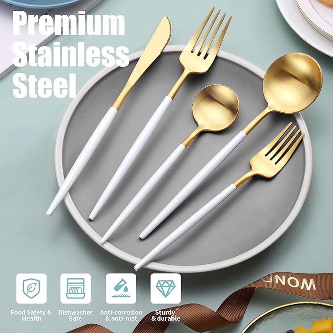 Lemeya Matte White Gold Silverware Set for 6,Modern Stainless Steel Brushed Cutlery Set,30-Pieces Heavy Duty Flatware Set,Knives Spoons and Forks Set Utensils Set, Satin Finish, Dishwasher Safe