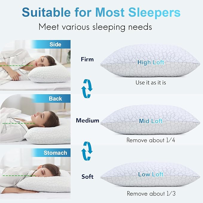 QUTOOL Cooling Pillows for Sleeping 2 Pack, Shredded Memory Foam Bed Pillows Queen Size Set of 2, Cool Pillow for Hot Sleepers Adjustable Firm Pillow for Side, Back and Stomach Sleepers Supportive