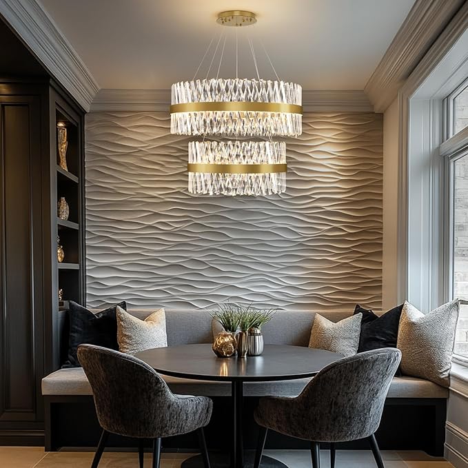 Modern Crystal Chandeliers, Double Tier 32"+24" Large High Ceiling Chandelier. Elegant Crystal Chandelier Hangs from The Ceiling of The Living Room, Stairwell, and Foyer.