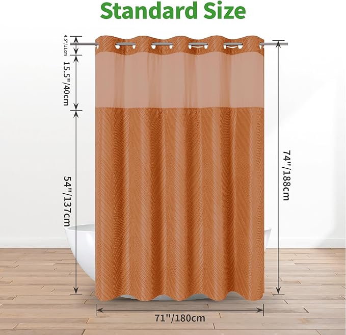 no Hook Shower Curtain and Fabric Liner Set，Thanksgiving Autumn Shower Curtain, Boho Tufted Striped Style with See Through Top Window,Orange, 71Wx74H