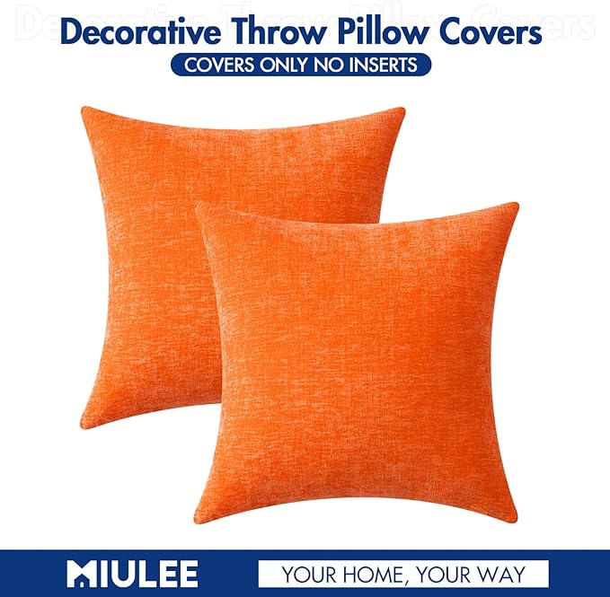 MIULEE Fall Pack of 2 Bright Orange Throw Pillow Covers 20x20 Inch Soft Chenille Pillow Covers for Sofa Living Room Couch Solid Dyed Cases