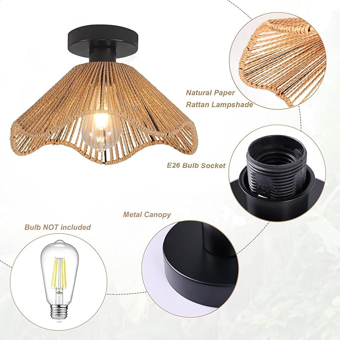 Boho Rattan Ceiling Light Fixture, Mini Rattan Chandelier Lighting Fixture, Hand Woven Ceiling Light Fixtures for Hallway Bedroom Kitchen Entryway Living Room (Light Brown)