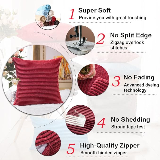 Home Brilliant Pillow Covers 18x18 Decorative Throw Pillows for Couch Dark Red Soft Plush Corduroy Striped Throw Pillow Covers Set of 2 for Sofa Couch Bed Christmas, 18 x 18 Inch, Burgundy