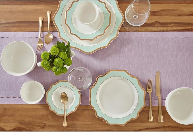 Solino Home Linen Table Runner 108 Inches Long - 100% Pure Linen Chambray Lavender Table Runner 14 x 108 Inch for Thanksgiving, Holiday - Milan Hemstitch