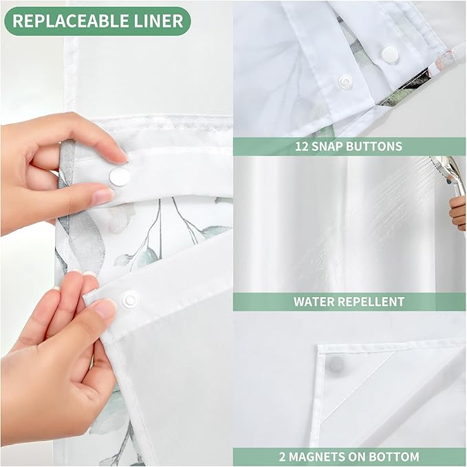QiyI No Hook Shower Curtain with Snap in Fabric Liner, Sage Green Eucalyptus Shower Curtain with See Through Top Window, Waterproof Washable Cloth Ringless Shower Curtain Set for Bathroom, 72 x 75