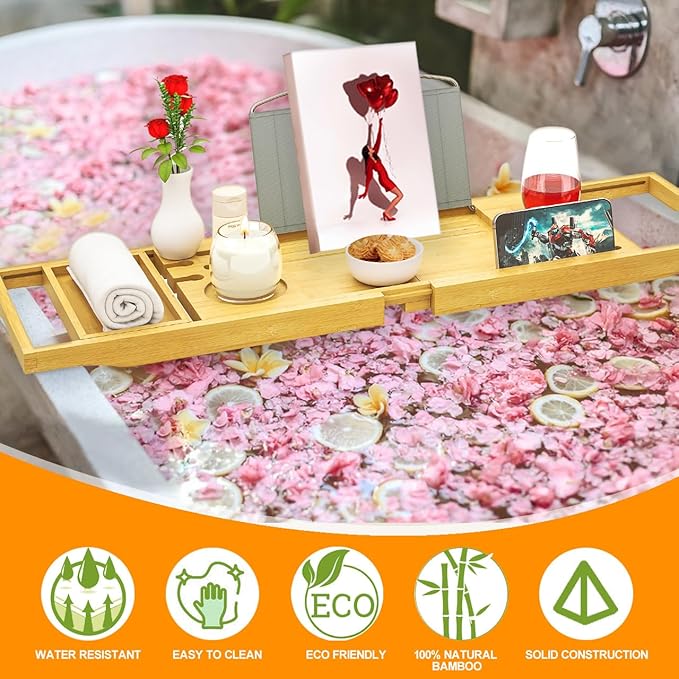 Premium Bathtub Tray Caddy, Expandable Bath Tray for Bath Tub, Bath/Bathtub Table Tray, Great House Warming, Anniversary & Wedding and Unique Birthday Gifts