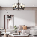 Farmhouse Chandelier Lighting Round 6 Lights Oil Rubbed Bronze with Glass Shade Ceiling Hanging Vintage Rustic Light Fixture for Dining Room Living Room Foyer Porch Kitchen Island