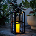 Bdor 2 Pack Christmas Lantern Decoration with LED Flameless Candle, Pinecones & Holly Berries, Holiday Tabletop or Porch Decor, Battery Operated Christmas Lighting