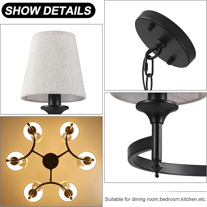 Black Chandeliers for Dining Room Light Fixtures Over Table, 6-Light Modern Farmhouse Round Chandelier with Linen Shades, Vintage Hanging Pendant Lighting for Kitchen Bedroom Living Room