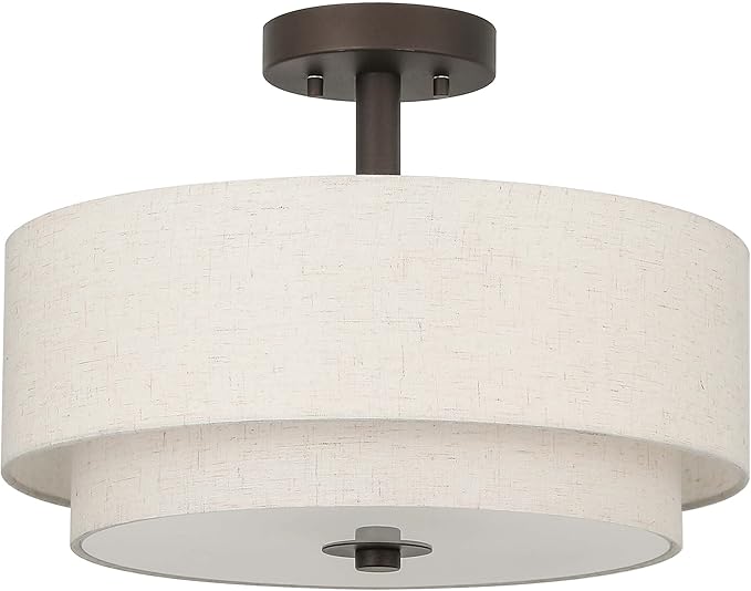 XiNBEi Lighting Drum Semi Flush Light, 3 Light Semi Flush Mount Ceiling Light Fixture with Fabric Shade Modern Close to Ceiling Light for Bedroom & Living Room Dark Bronze Finish XB-SF1289-DB