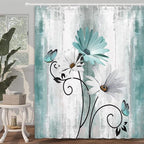 Rustic Farmhouse Shower Curtain, Farm Teal Daisy Floral Flowers and Butterfly on Country Wooden Shower Curtain for Bathroom, Turquoise Blue with 12PCS Hooks, 70X70IN