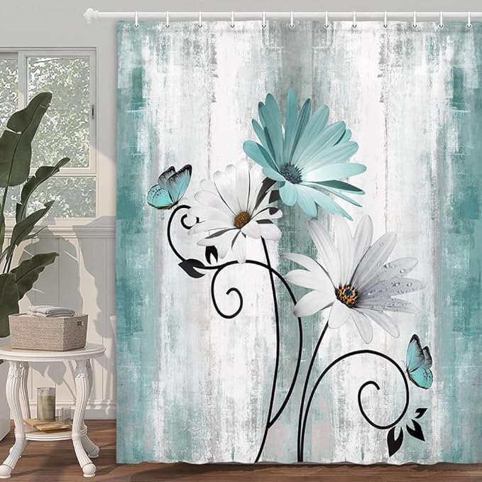 Rustic Farmhouse Shower Curtain, Farm Teal Daisy Floral Flowers and Butterfly on Country Wooden Shower Curtain for Bathroom, Turquoise Blue with 12PCS Hooks, 70X70IN
