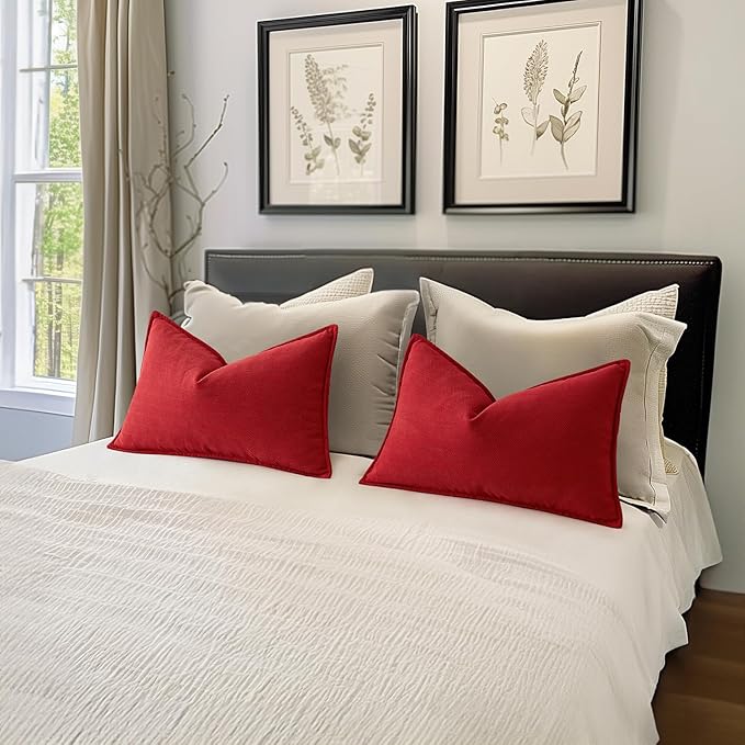 MIULEE Pack of 2 Christmas Red Decorative Lumbar Pillow Covers 12x20 Inch Soft Chenille Luxurious Couch Throw Pillows Farmhouse Cushion Covers with Elegant Design for Sofa Bedroom Living Room Decor