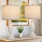TOBUSA 22“ Farmhouse Table Lamps Set of 2, White Rustic Vintage Table Lamps for Living Room Bedroom, Antique Bedside Desk Lamps with Linen Shade, Traditional Resin Nightstand Lamp Sets for End Table