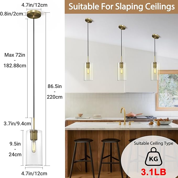 Modern Brass Pendant Lights Kitchen Island Glass Pendant Light Fixtures, 9.5'' Farmhouse Clear Glass Cylinder Pendant Light, Gold Kitchen Pendant Lighting over Island Sink, E26 Bulb Included