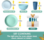 Teivio 32-Piece with Flatware Kitchen Plastic Wheat Straw Dinnerware Set, Service for 8, Dinner Plates, Dessert Plate, Cereal Bowls, Cups, Unbreakable Plastic Outdoor Camping Dishes, Ocean