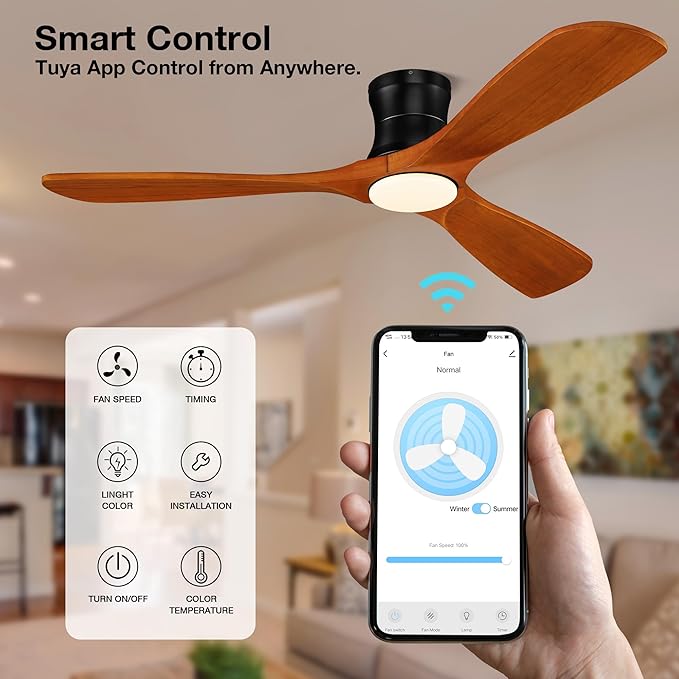 Smart 52” Wood Flush Mount Ceiling Fans with Lights Remote,Quiet DC Motor,Outdoor Indoor Low Profile Ceiling Fan,Voice Contorl with WIFI Alexa App Control,Modern fan for Bedroom Patio