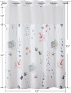 QiyI Flower Shower Curtain with Snap in Liner, Grey and Pink Watercolor Floral Cloth Bath Curtains, No Hook Shower Curtains with Mesh Top Window, Fabric Waterproof Bathroom Curtain Set, 72 x 75 Inch