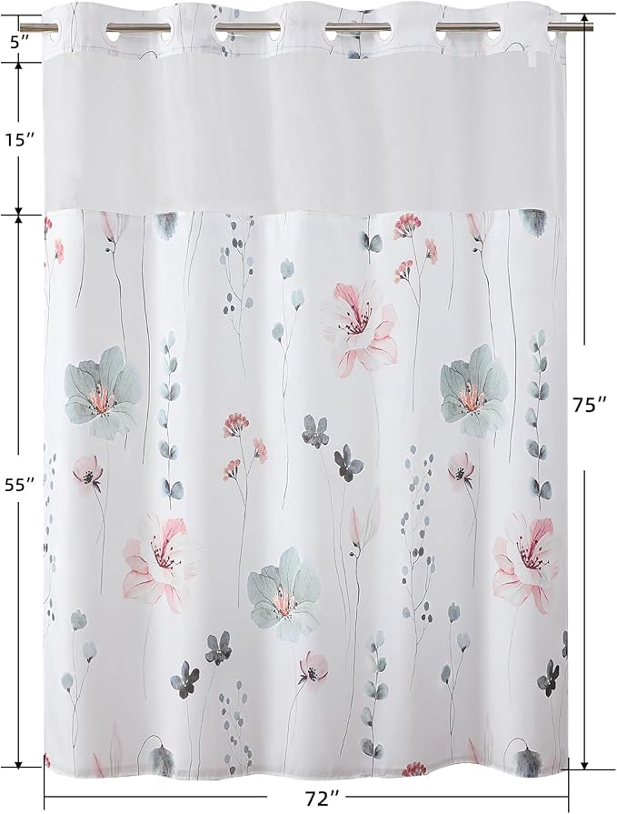 QiyI Flower Shower Curtain with Snap in Liner, Grey and Pink Watercolor Floral Cloth Bath Curtains, No Hook Shower Curtains with Mesh Top Window, Fabric Waterproof Bathroom Curtain Set, 72 x 75 Inch