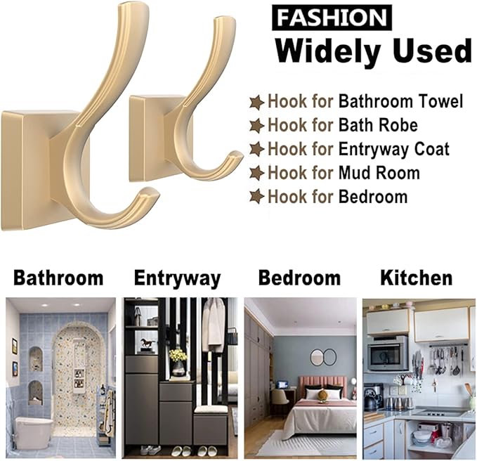 Gold Hooks for Wall, Heavy Duty Thick Aluminum Alloy Entry Coat Hooks for Hanging Key Robe Hat Backpack, Wall Mount Holder Bathroom Kitchen Garage(4 Pack, Gold)