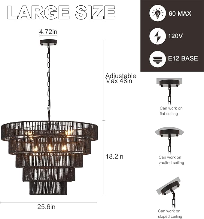 25.6" Large Black Rattan Chandelier Farmhouse 8-Lights Boho Hand Woven Bamboo Black Chandeliers Light Fixture Rustic Drum Wicker Chandelier for Dining Room, Kitchen, Living Room, Bedroom, E12