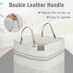 danpinera 75L Woven Laundry Hamper with Long Leather Handles, Baby Laundry Basket for Nursery, Tall Hampers for Bedroom Aesthetic, Decorative Clothes Storage Basket for Family White & Gray