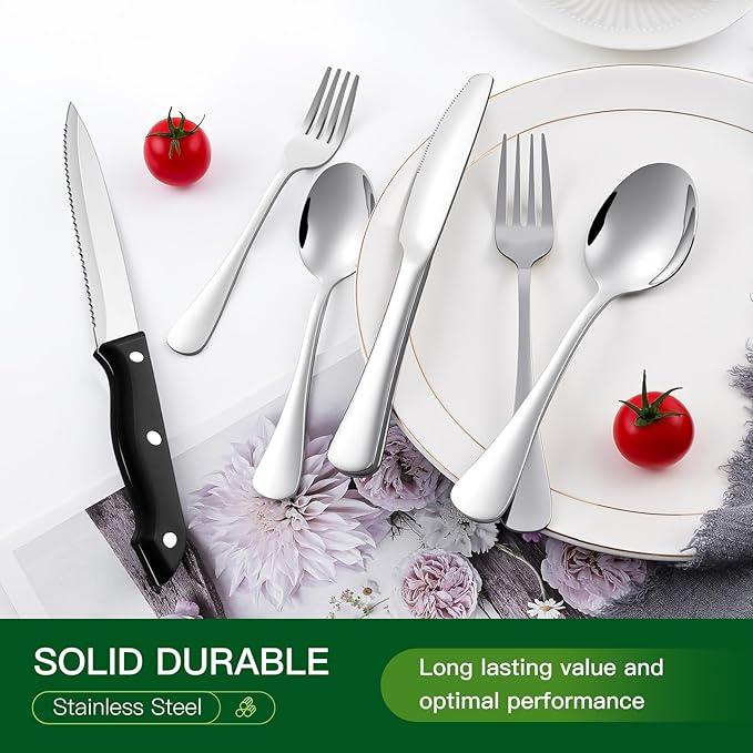 24 Pcs Silverware Set with Steak Knives Service for 4,Stainless Steel Flatware Set,Mirror Polished Cutlery Utensil Set,Home Kitchen Eating Tableware Set,Include Fork Knife Spoon Set (24, Silber)