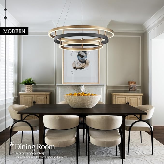 3 Ring LED Chandelier Black Gold Chandelier Light Fixture Dimmable Round Foyer Chandeliers Modern Circular Chandeliers Light for Dining Room Entry Bedroom Office Living Room 24in
