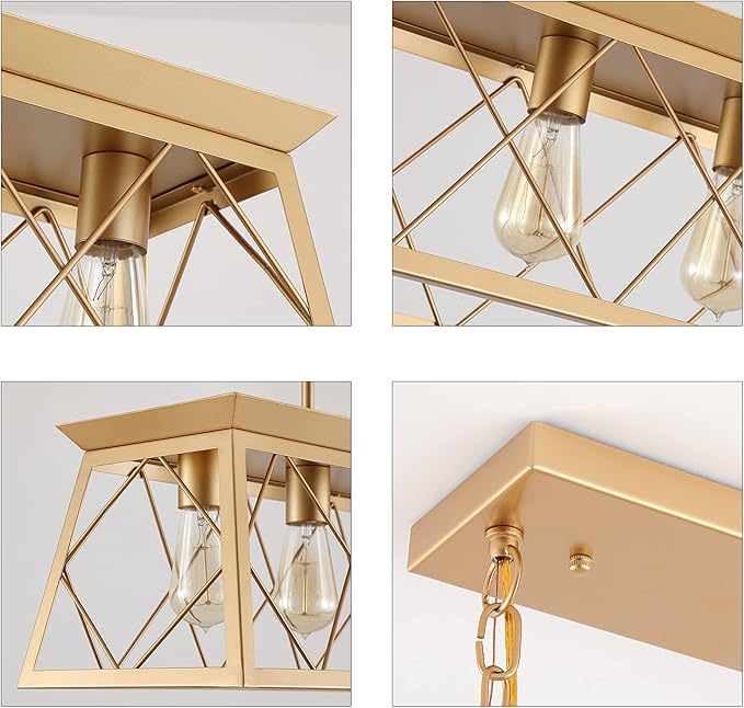 Q&S Modern Farmhouse Chandelier Light Fixtures,5-Lights Gold Linear Industrial Light Fixtures for Kitchen Island Bar Dining Table UL Listed
