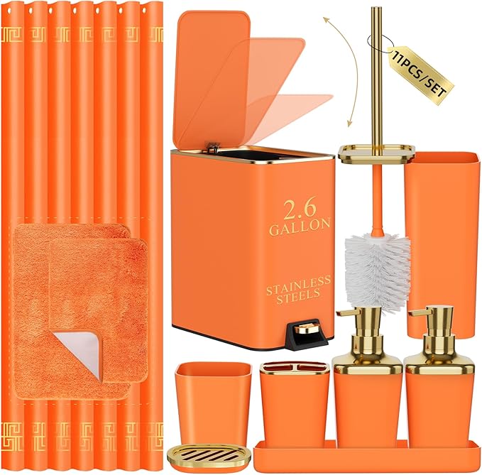 11PCS Bathroom Sets with Shower Curtain and Rugs Bathroom Accessories Set Orange Bathroom Set,Soap Dispenser & Toilet Brush Holder Set with Stainless Steel Trash Can