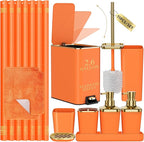 11PCS Bathroom Sets with Shower Curtain and Rugs Bathroom Accessories Set Orange Bathroom Set,Soap Dispenser & Toilet Brush Holder Set with Stainless Steel Trash Can